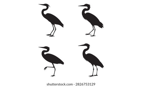 A Silhouette vector illustration set of four Heron birds silhouettes including white background.