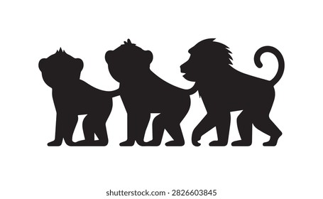 A Silhouette vector illustration set of three Vervet Monkey
 silhouettes including white background.