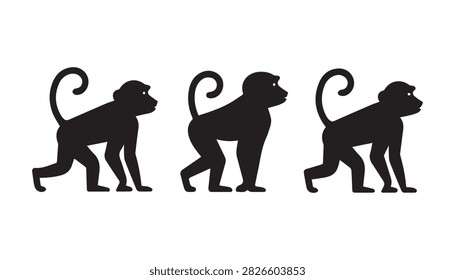 A Silhouette vector illustration set of three Vervet Monkey
 silhouettes including white background.