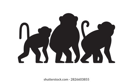 A Silhouette vector illustration set of three Vervet Monkey
 silhouettes including white background.