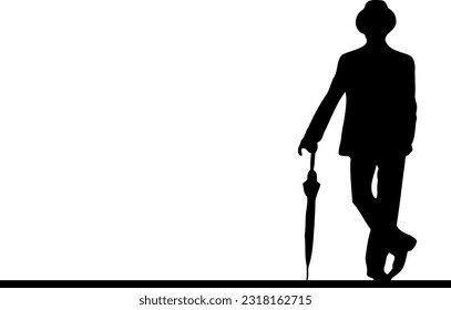 Silhouette Vector Illustration of a Stylishly Posed Man in Formal Attire and Hat, Holding an Umbrella, Posing Gracefully with an Umbrella, A Touch of Class.