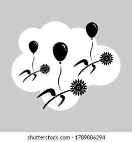 Silhouette vector illustration sunflower flying balloon. Black and white