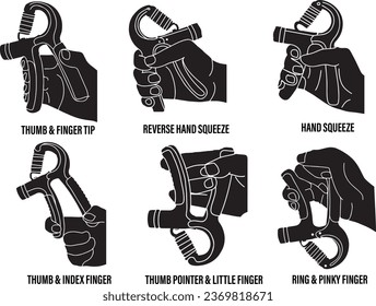 silhouette vector illustration of thumb and finger tip exercise, reverse hand squeezed, thumb and index finger, thumb and little and pinky finger with Finger Forearm Strengthener Equipment