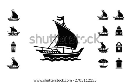Silhouette vector illustration of a traditional dhow boat, with various related icons, showcasing maritime heritage and cultural symbols.