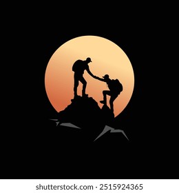silhouette vector illustration of two climbers holding each other's hands tightly on a rock cliff with a sunset background