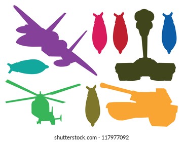 Silhouette vector illustration of war weapons in different colors.