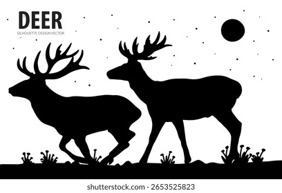Silhouette vector illustration of a wild deer in the forest with antlers, suitable for Christmas or winter nature designs