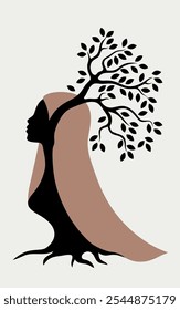 Silhouette vector illustration of a woman with a tree growing from her head, symbolizing connection to nature. Perfect for minimalist art prints, social media posts, or nature-inspired designs.