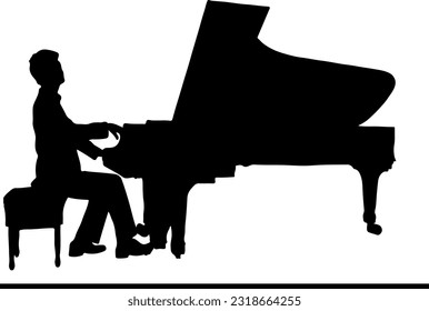 A Silhouette Vector Illustration of a Young Boy Playing Pian, Melodies in Motion, Piano Prodigy, Striking Silhouette Vector of a Young Boy Showcasing His Talent