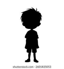Silhouette vector illustration of a young boy standing with messy hair, wearing casual clothes. Perfect for child-themed designs, parenting concepts, and character graphics