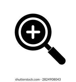 Silhouette vector illustration of a zoom in magnifying glass icon, search and analyze tool isolated on white background.
