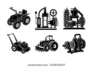 Silhueta Vetor Ilustrações de Máquinas Agrícolas - Power-Tiller, Bomba-Set, Moinho de Arroz, Cortador Rotativo, Rotavator, Bomba de Parafuso | Ícones e elementos da tecnologia agrícola.