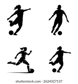 Silhueta e ilustrações vetoriais de jogadoras de futebol em ação chutando e controlando a bola