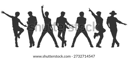 Silhouette vector illustrations of Korean boyband singing and dancing on stage. Modern group dancers with diverse pose, style, and movements. Flat design representing contemporary K-pop music.