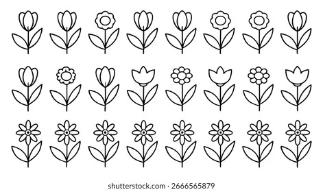 Imagen de Vector de silueta de flores dibujadas a mano mínimas en estilo de arte de línea blanca y negra