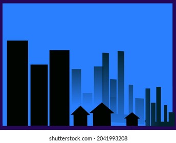 Silhouette vector image of tall buildings on blue sky background