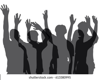 silhouette vector of Large group of raising hands
