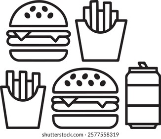 silhouette vector line art of fast food icons set on a white background.