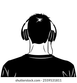 Silhouette vector, line art view of a man from behind wearing headphones