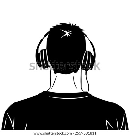 Silhouette vector, line art view of a man from behind wearing headphones