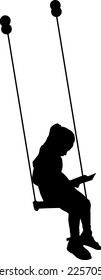 Silhouette Vector of a little girl reading a book sitting on a swing. Concept of childhood