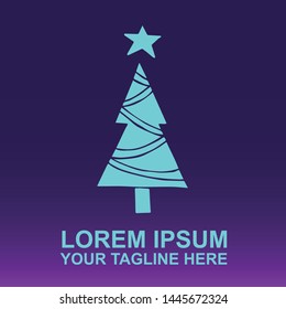 Silhouette Vector Logo of Blue Christmas Tree With Stars for Celebration and Holiday on Gradient Color Background Violet and Pink. Illustration for Print, Element, Concept, and Template.