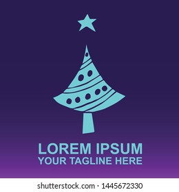 Silhouette Vector Logo of Blue Christmas Tree With Stars for Celebration and Holiday on Gradient Color Background Violet and Pink. Illustration for Print, Element, Concept, and Template.