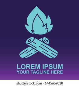 Silhouette Vector Logo of Blue Flame and Hot Bonfire for Camping, Party and Adventure on Gradient Color Background Violet and Pink. Illustration for Print, Element, Concept, and Template.