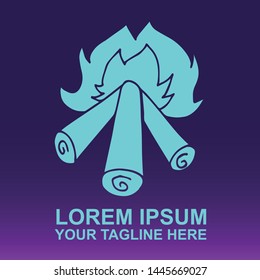 Silhouette Vector Logo of Blue Flame and Hot Bonfire for Camping, Party and Adventure on Gradient Color Background Violet and Pink. Illustration for Print, Element, Concept, and Template.