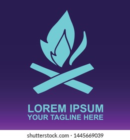 Silhouette Vector Logo of Blue Flame and Hot Bonfire for Camping, Party and Adventure on Gradient Color Background Violet and Pink. Illustration for Print, Element, Concept, and Template.