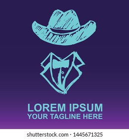 Silhouette Vector Logo of Blue Hat and Necktie on Gradient Color Background Violet and Pink. Illustration for Print, Element, Concept, and Template.
