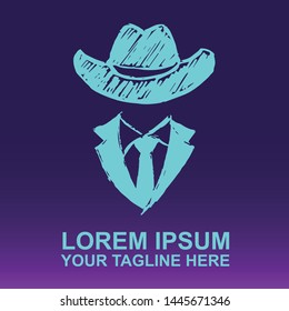 Silhouette Vector Logo of Blue Hat and Necktie on Gradient Color Background Violet and Pink. Illustration for Print, Element, Concept, and Template.