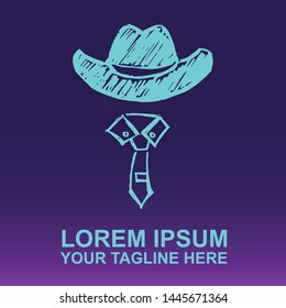 Silhouette Vector Logo of Blue Hat and Necktie on Gradient Color Background Violet and Pink. Illustration for Print, Element, Concept, and Template.