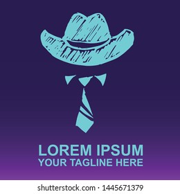 Silhouette Vector Logo of Blue Hat and Necktie on Gradient Color Background Violet and Pink. Illustration for Print, Element, Concept, and Template.