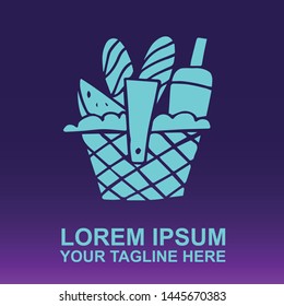 Silhouette Vector Logo of Blue Summer Basket of Food and Meal for Picnic on Gradient Color Background Violet and Pink. Illustration for Print, Element, Concept, and Template.