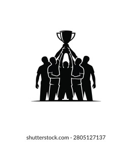 Silhouette vector logo of five teammates raising a championship trophy cup in celebration against a white background, representing sports victory and teamwork.