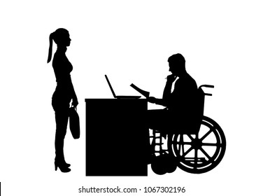 Silhouette vector of a man a businessman disabled in a wheelchair sitting at a table holds an interview with a woman about hiring a job. The concept of working disabled people