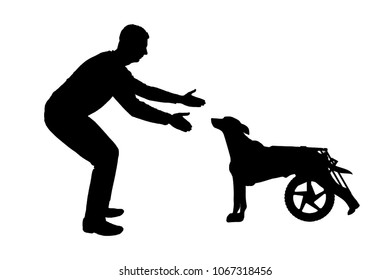 Silhouette vector Man calling for a paralyzed dog in a wheelchair. The concept of a dog in a wheelchair