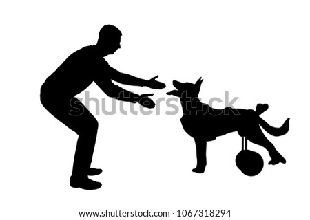 Silhouette vector Man calling for a paralyzed dog in a wheelchair. The concept of a dog in a wheelchair