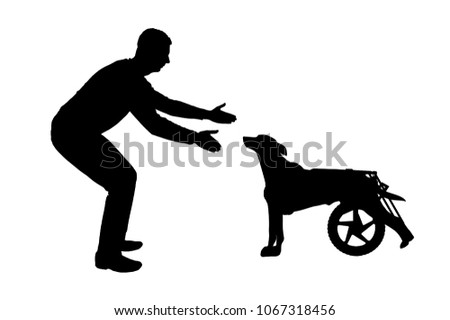 Silhouette vector Man calling for a paralyzed dog in a wheelchair. The concept of a dog in a wheelchair