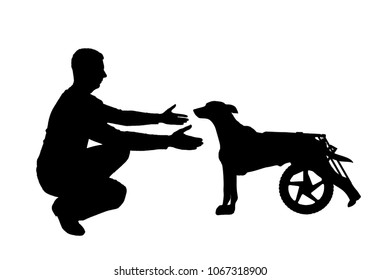 Silhouette vector Man calls for a paralyzed dog in a wheelchair. The concept of a dog in a wheelchair