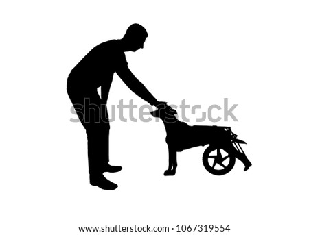 Silhouette vector Man outdoors strokes his paralyzed dog in a wheelchair. The concept of helping pets