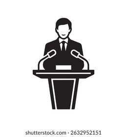 Silhouette vector of a man speaking at a podium with microphones in a suit and tie ideal for leadership public speaking political speech and business presentation themes