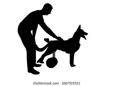 Silhouette vector Man strokes his paralyzed dog in a wheelchair. The concept of helping pets