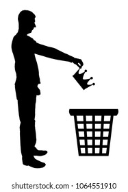 Silhouette vector of a man throws a crown in the garbage bin. The concept of selfishness as a bad habit from which it is necessary to refuse