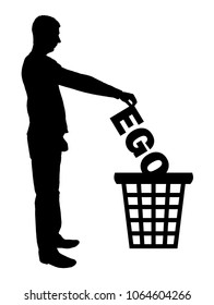 Silhouette vector of a man throws the word ego into the garbage bin. The concept of selfishness as a bad habit from which it is necessary to refuse