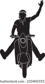 Silhouette Vector Man Waving Hand on Running Scooter in Begeisterung, aufregender Mann auf Scooter Silhouette Vektor Illustration, High-Energy Scooter Rider.