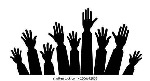 silhouette vector of Many Hands raise high up on white background,Silhouette set of hands, Large group of people with raising hands isolated on white, vector