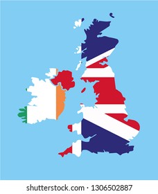 Silhouette vector maps of United Kingdom of Great Britain and Ireland divided between United Kingdom with Northern Ireland and  Republic of Ireland with UK and Irish Flag