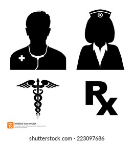 Silhouette vector medical icon doctor and nurse avatar profile picture with Caduceus sign and Rx medicine sign